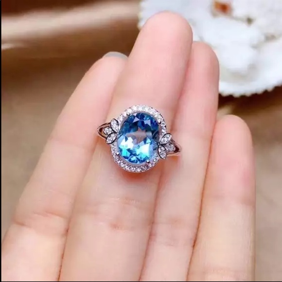 New 925 Silver Dainty Leafs Circle Sapphire Ring - Picture 4 of 6